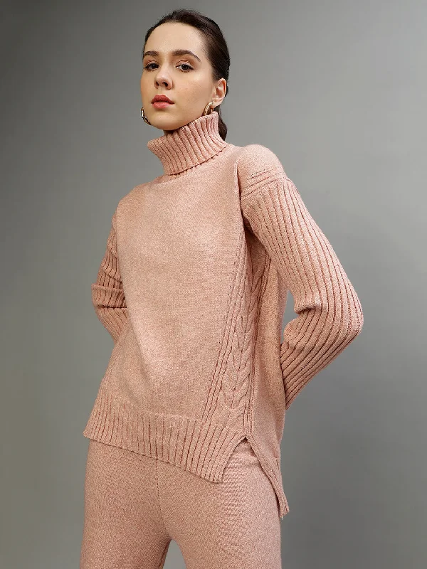 Centre Stage Women Self-Design Turtle Neck Full Sleeves Sweater