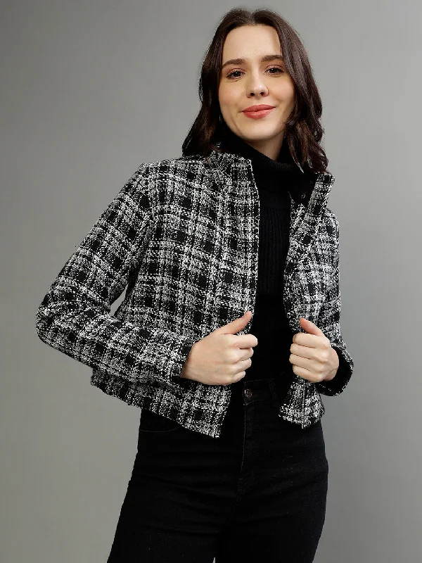 Elle Women Checked High Neck Full Sleeves Jacket