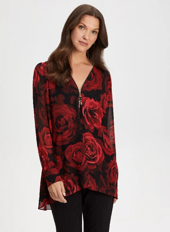 Zip Front Floral Print Blouse