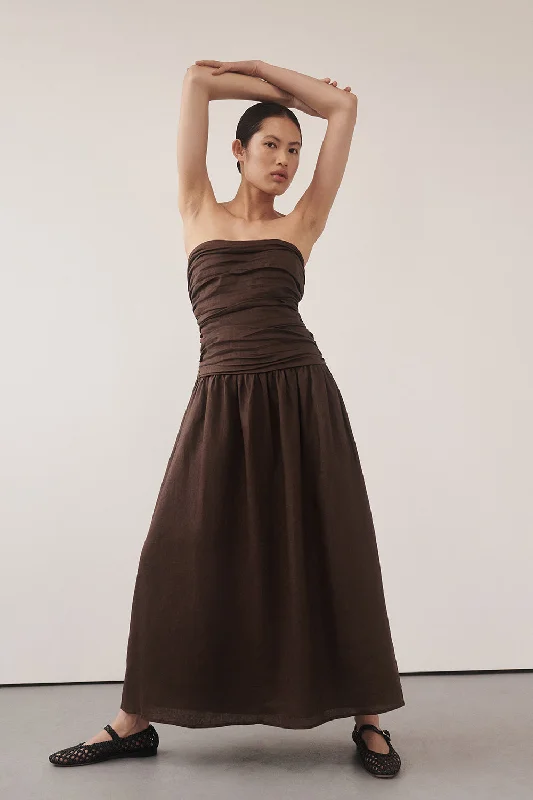 CATANIA BITTER CHOC LINEN STRAPLESS DRESS