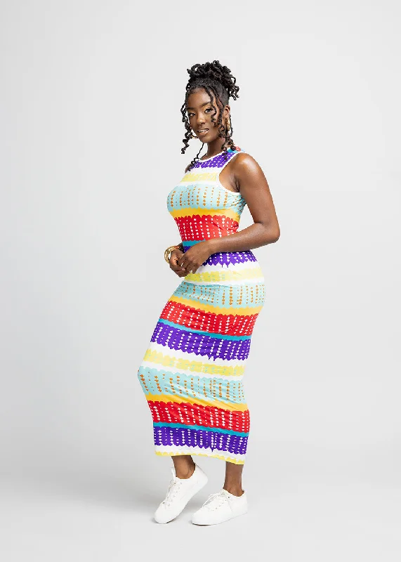 Hadi Women's African Print Jersey Dress (Rainbow Punch Adire) - Clearance