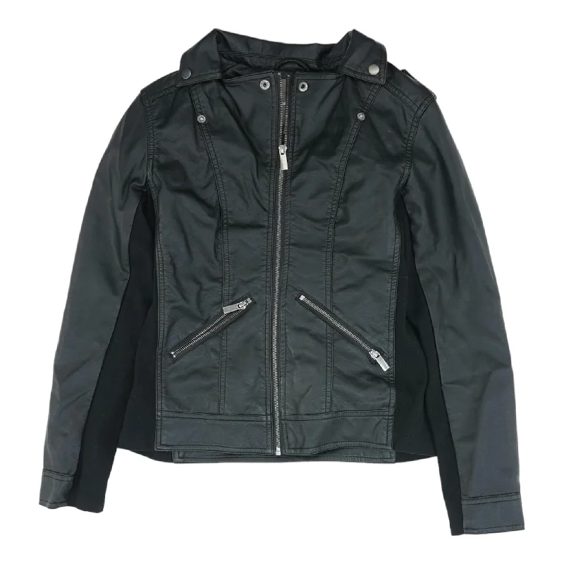 Black Solid Faux Leather Jacket