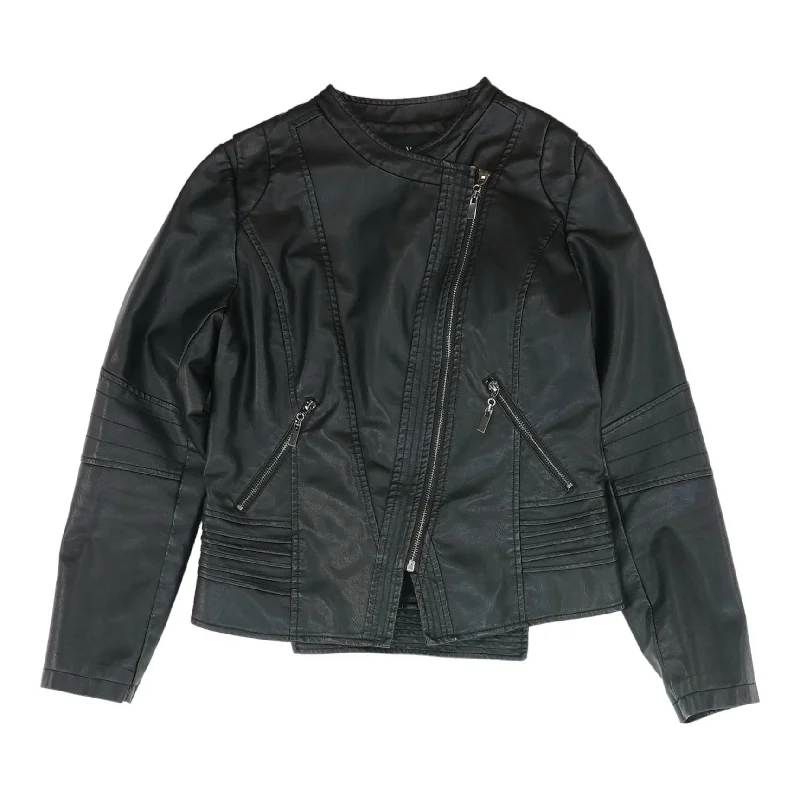 Black Solid Faux Leather Jacket