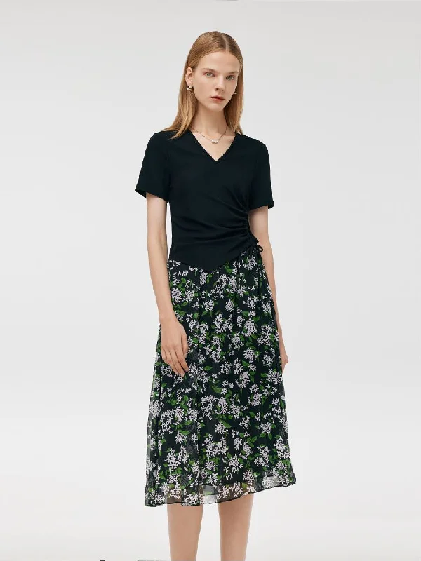 Drawstring Waist Knit Top And Printed Skirt Two-Piece Set