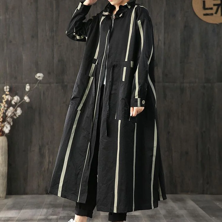 Elegant casual long coats fall black striped zippered pockets outwear