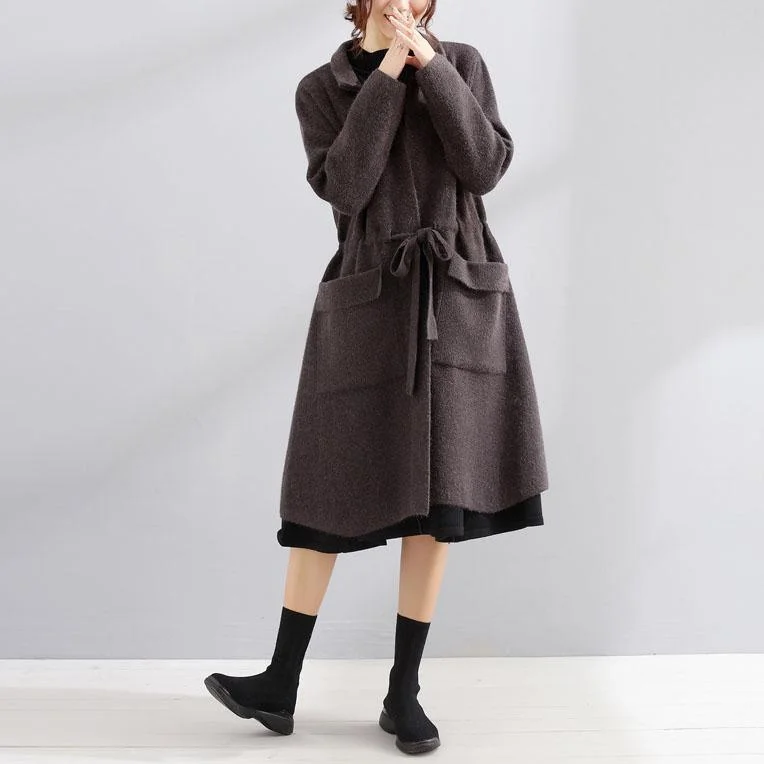 Elegant Dark Gray Wool Plus Size Maxi Coat Fall Women Coats Square Collar Tie Waist