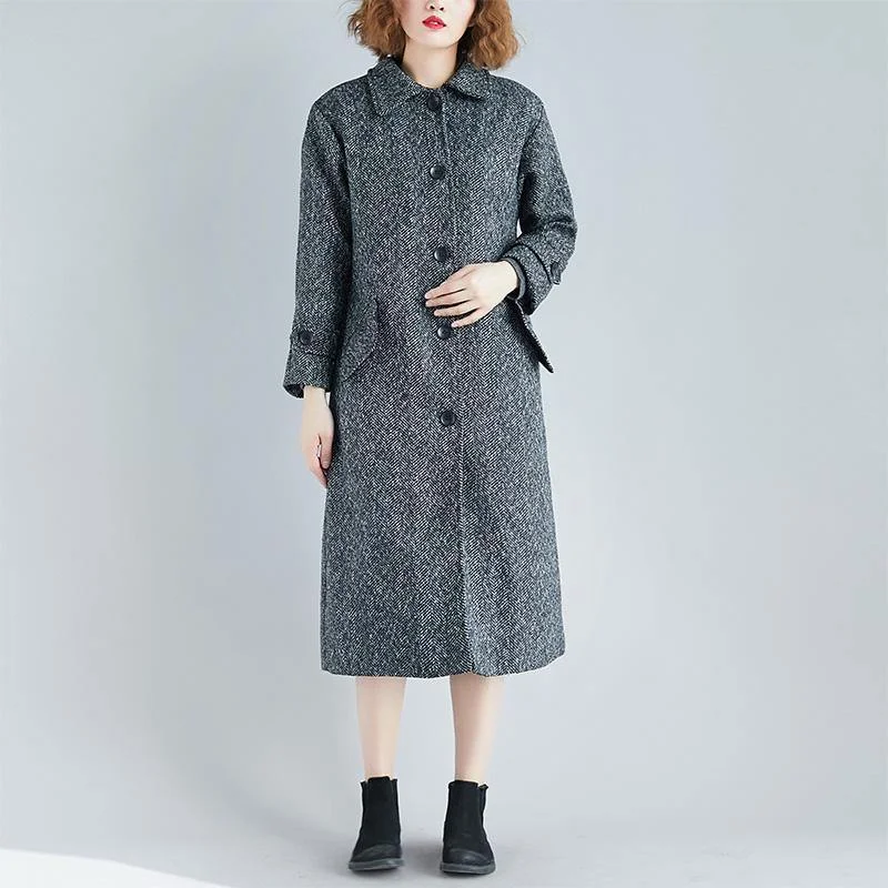 Elegant gray wool coat plus size long pockets coat