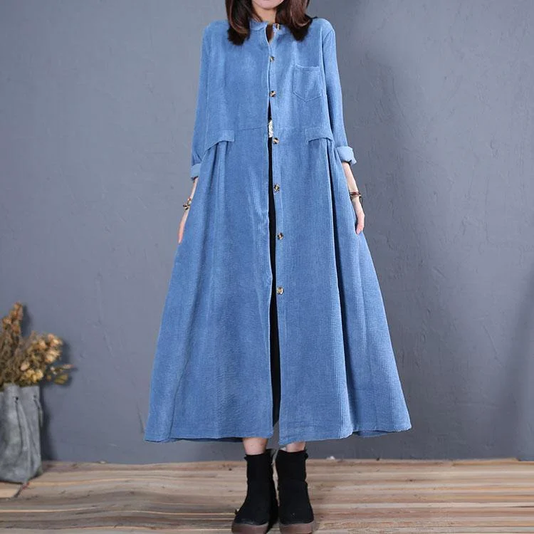 Elegant light blue coat for woman oversized long coat fall women coats o neck pockets