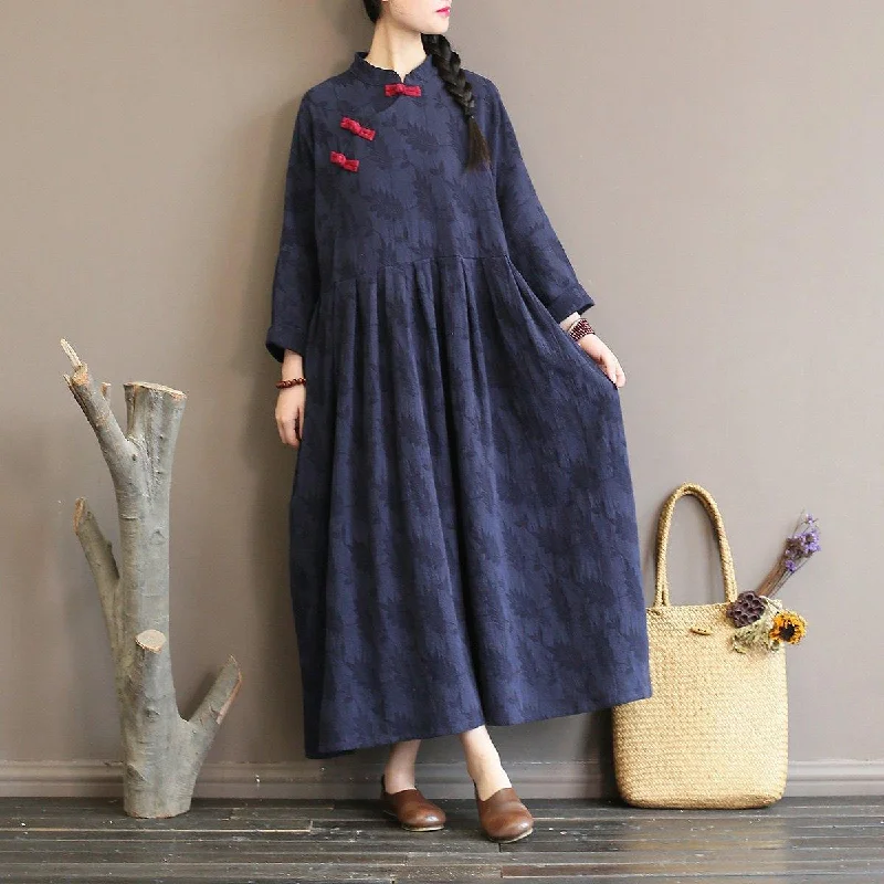 Elegant navy woolen overcoat plus size long stand collar patchwork dress