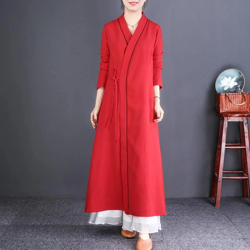 Elegant red oversize neck tie waist maxi coat