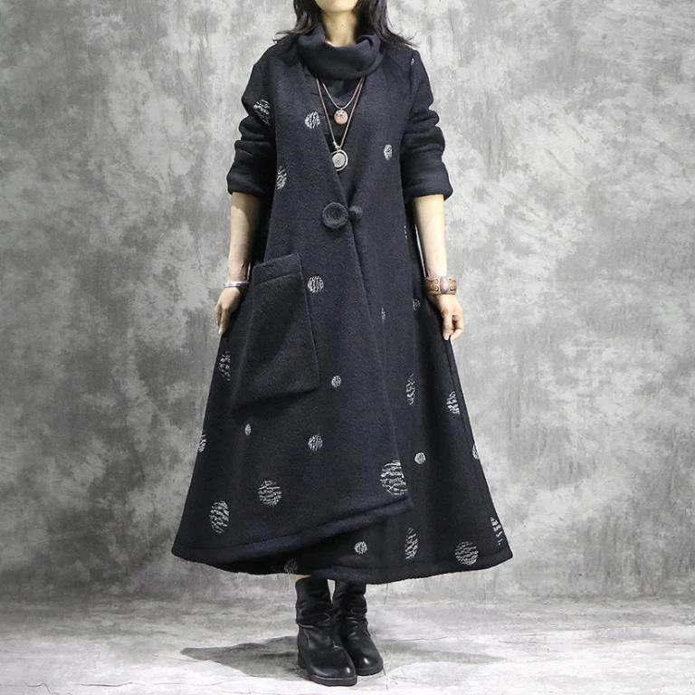 Elegant white dotted plus size Winter coat V neck asymmetric coat