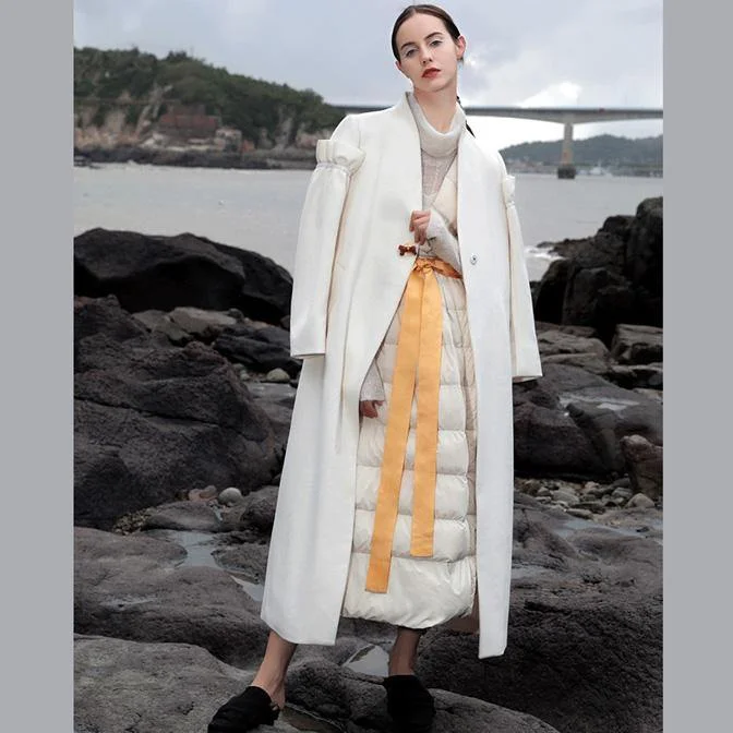 Elegant white wool overcoat plus size long Ruffles winter coat V neck pockets coats