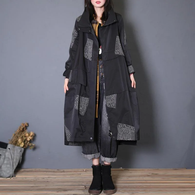 Fashion black print woolen coats plus size Coats fall pockets zippered