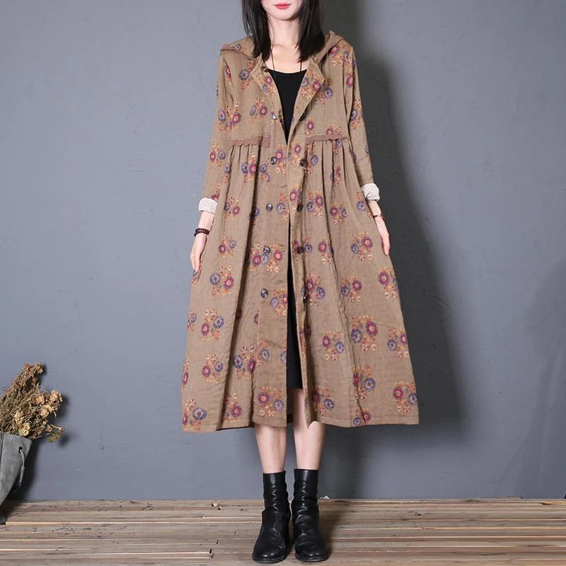 Fashion khaki print Coats Women oversized fall hooded wrinkled outwear