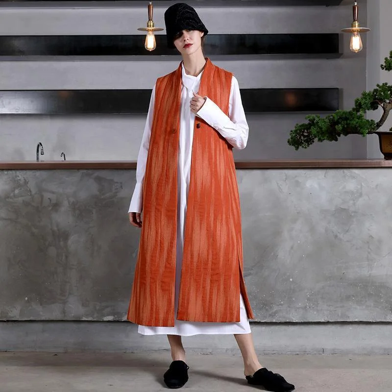 Fashion orange wool coat for woman Loose fitting Coats V neck embroider Sleeveless long coat