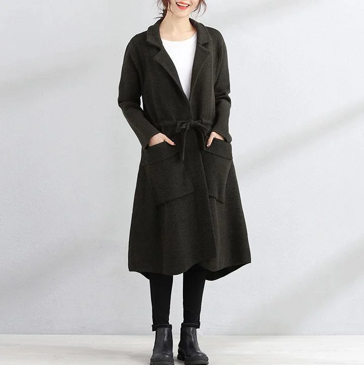 Fine army green Woolen Coats plus size long winter coat fall coat Square Collar tie waist