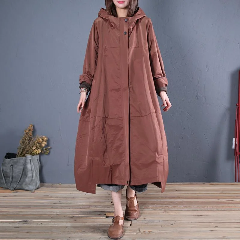 Fine brown overcoat casual long fall hooded zippered