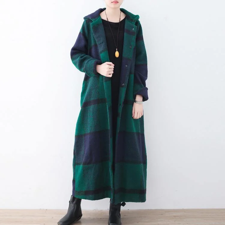 Fine Green Plaid Wool Coats Trendy Plus Size Original Design Cardigans Women Hooded Long Coats (Out Of Stock)