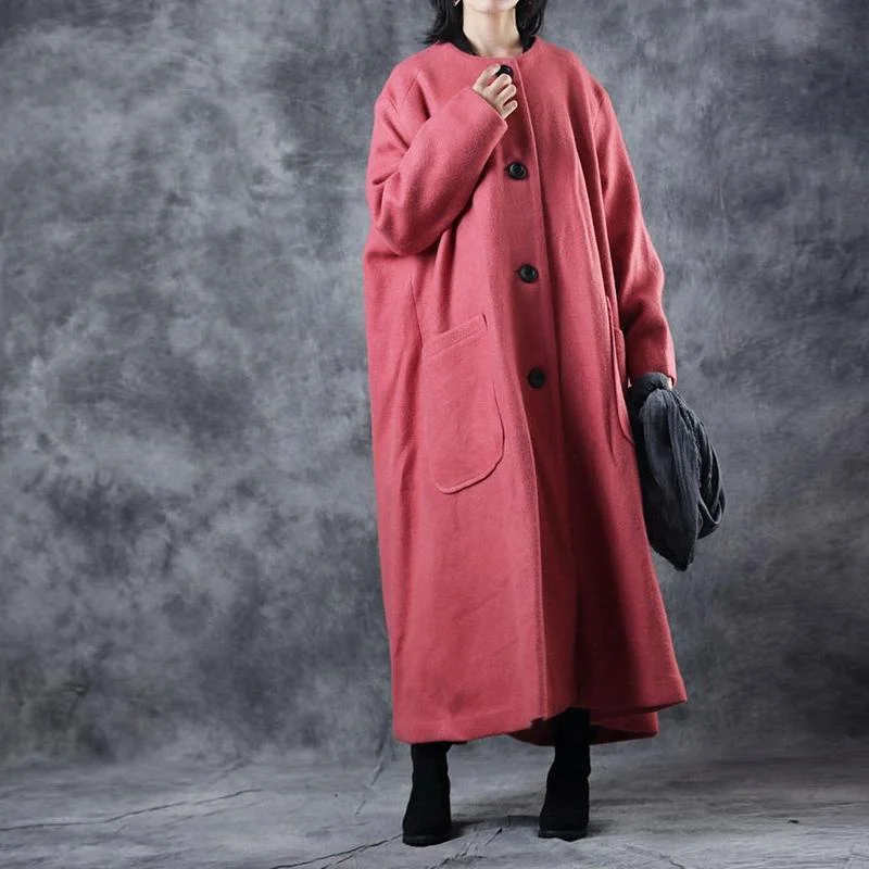 Fine red Wool Coat plus size clothing o neck outwear Fashion pockets large hem long coat