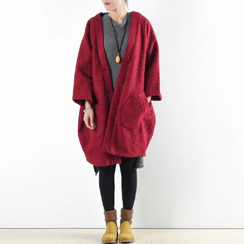 Fine red wool maxi coat plus size clothing hooded long coat New original design long coats