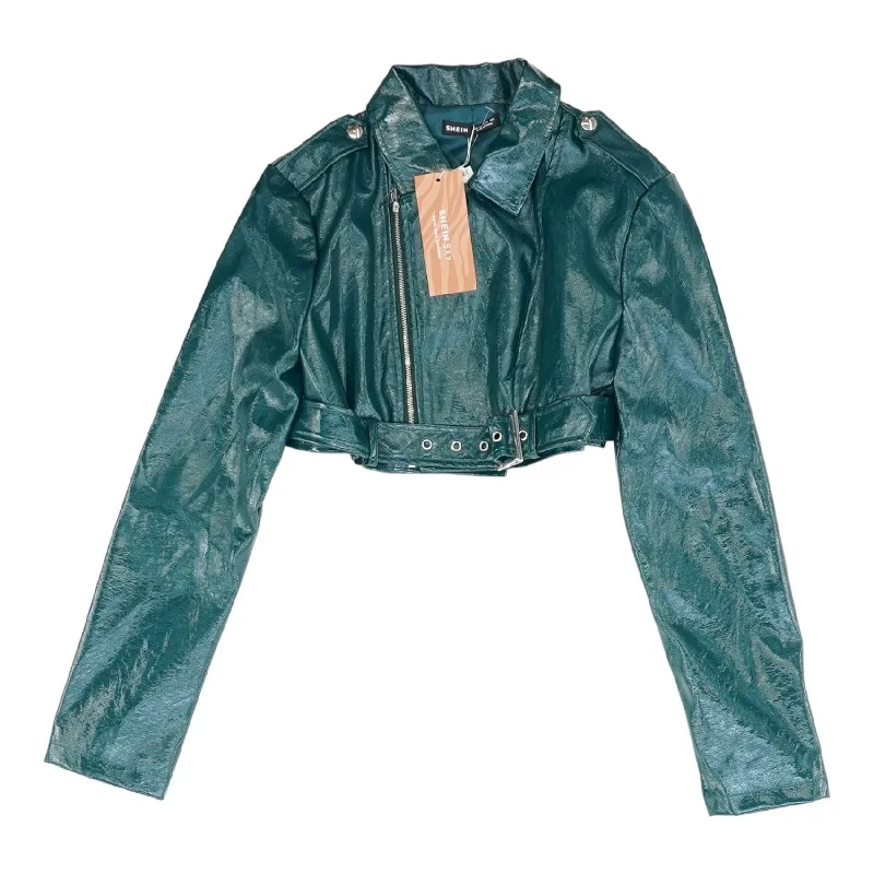 Green Solid Faux Leather Jacket