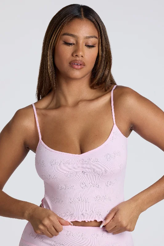 Strappy Ruched Pointelle Crop Top in Baby Pink