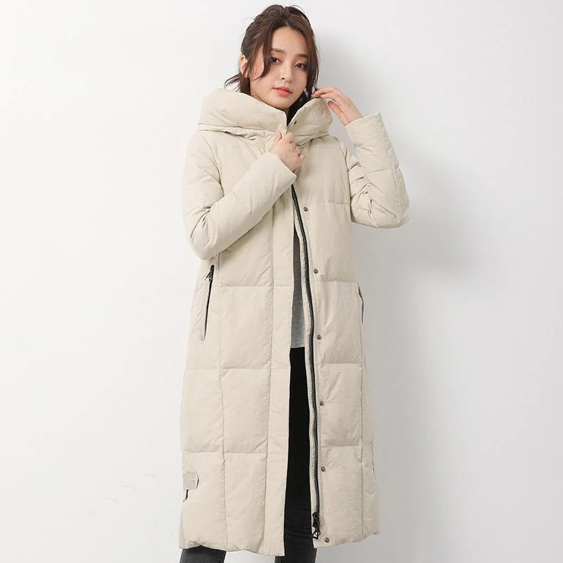 New beige white down jacket woman Loose fitting hooded snow jackets side open Jackets