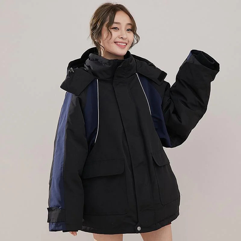 New black warm winter coat trendy plus size patchwork down jacket hooded winter outwear