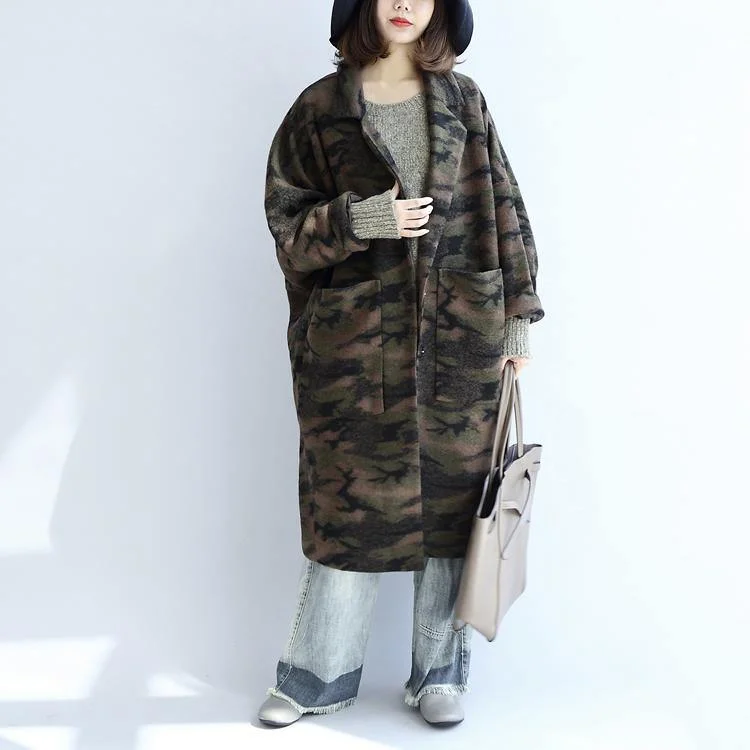 New green prints Winter coat trendy plus size lapel collar maxi coat vintage Jackets & Coats