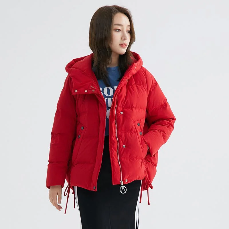 New red goose Down coat Loose fitting side tie snow jackets hooded winter outwear