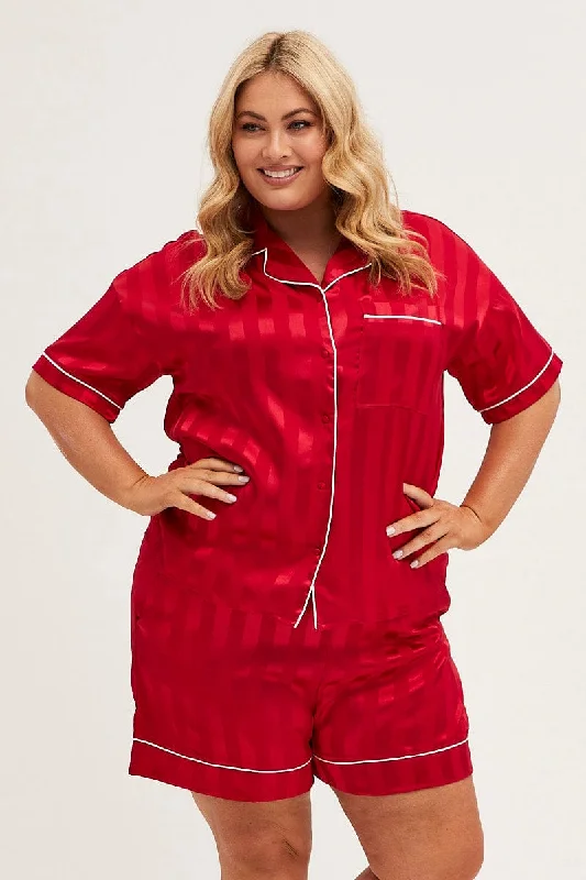 Red Stripe Pyjamas Set Short Sleeve Collared Shorts Satin