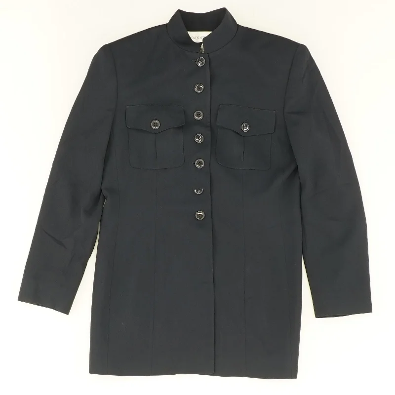 Vintage Navy Button-Front Padded-Shoulders Blazer