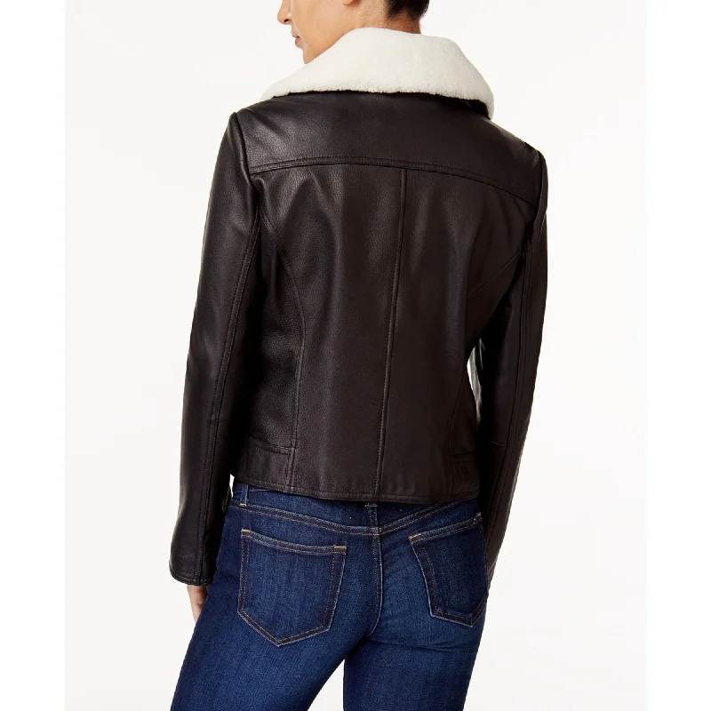 Michael Michael Kors Black Leather Jacket with Shearling Collar