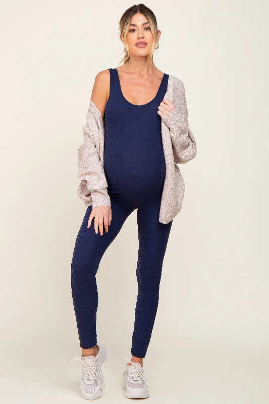 Navy Blue Ribbed Bodycon Maternity Jumpsuit