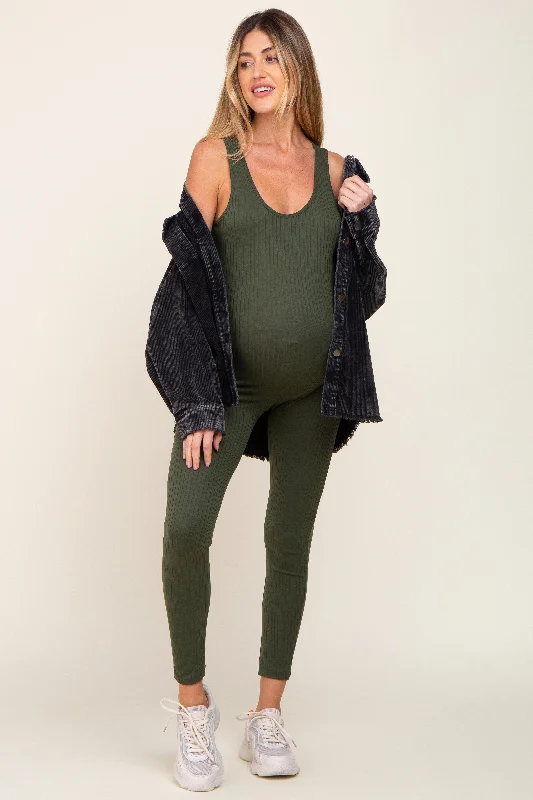 Olive Ribbed Bodycon Maternity Jumpsuit