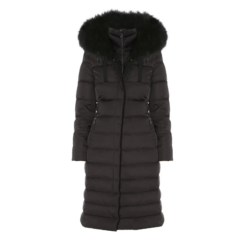 T Tahari Women's Black Nelly Maxi Puffer Coat Hooded Faux Fur Trim